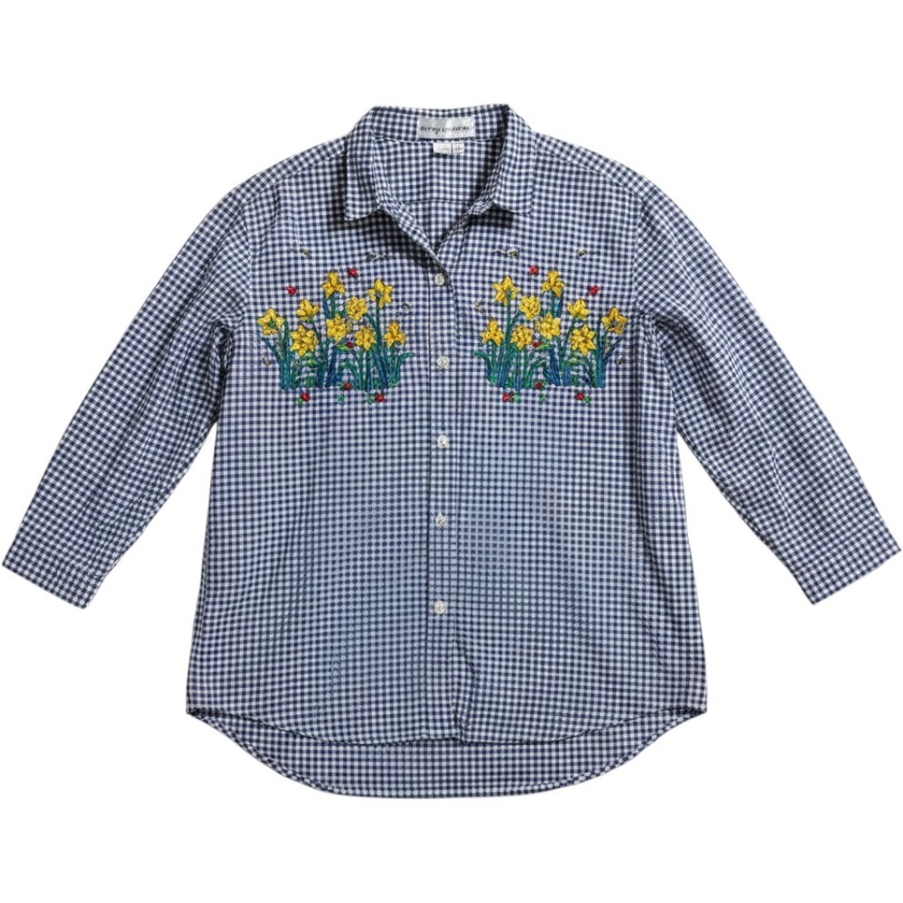 Casey Coleman Button Down Shirt Womens M/L Blue Gingham Floral Embroidered VTG